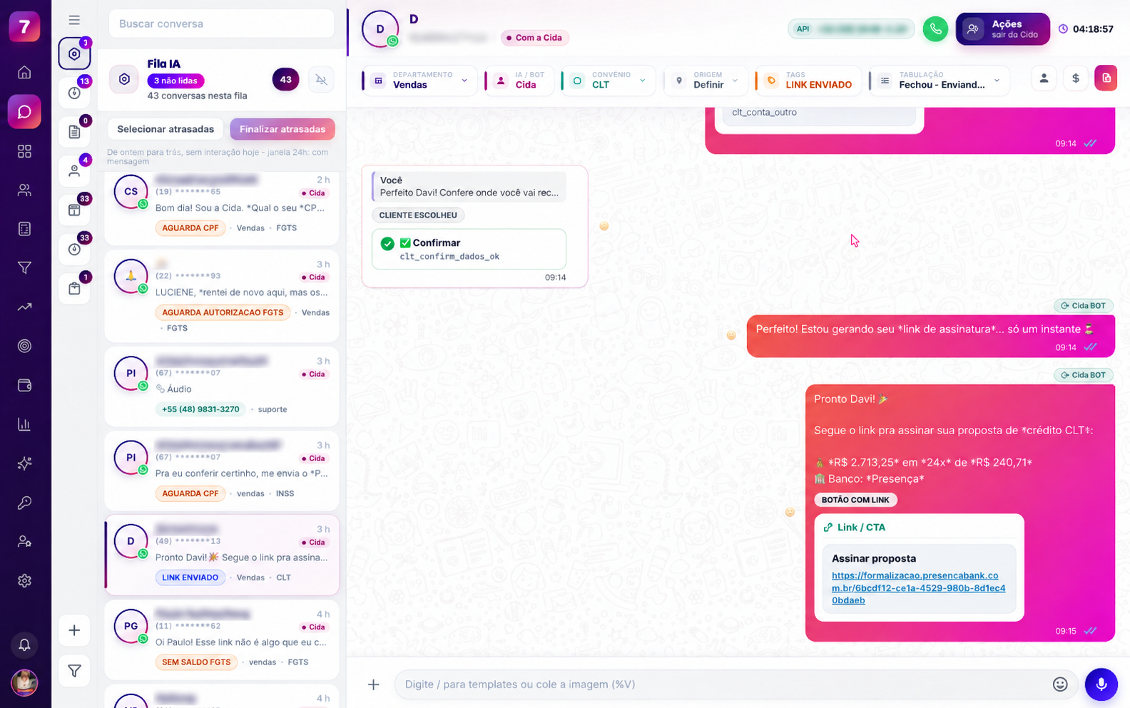Inbox SevenFlow com conversas, filas e contexto comercial na mesma tela